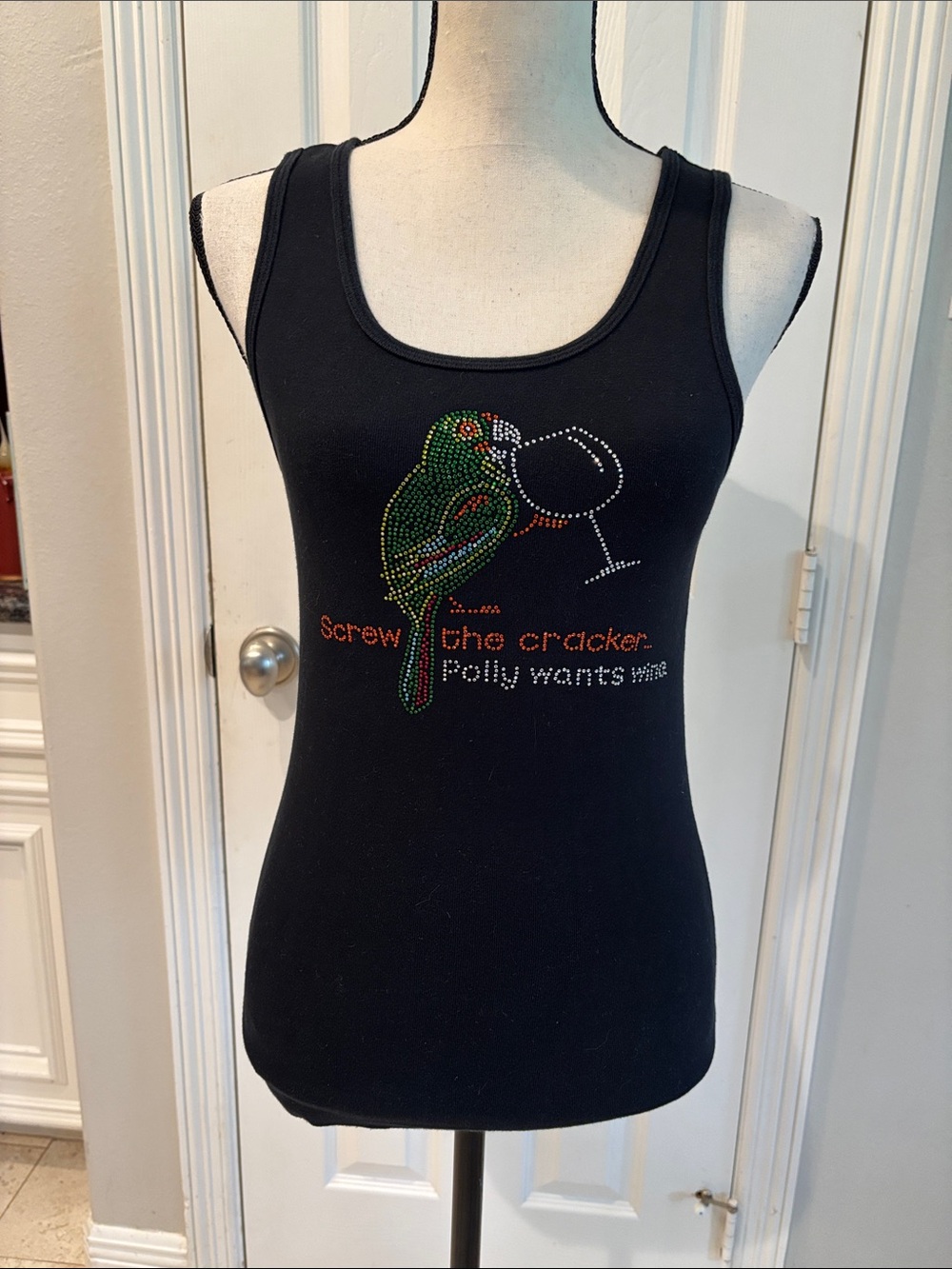 Polly Parrot Embellished Black Tank Top - Medium